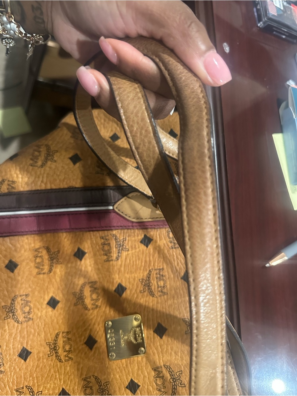 MCM Cognac Logo Tote with Burgundy & Brown Straps - Picture 5 of 6